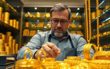 Valutazione oro usato da esperti in un negozio di compro oro con gioielli luminosi.