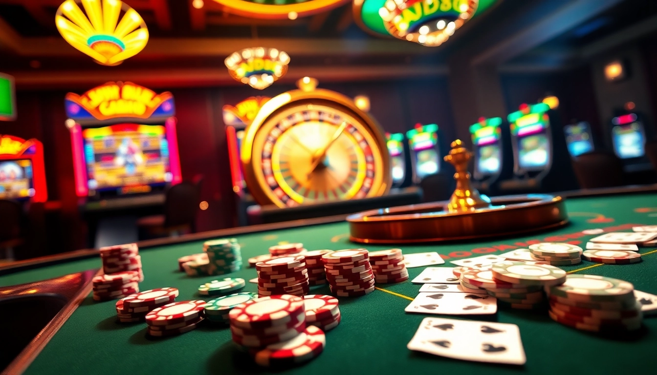 Engaging scene depicting a vibrant gambling atmosphere at GOOD88 with poker, roulette, and slot machines.