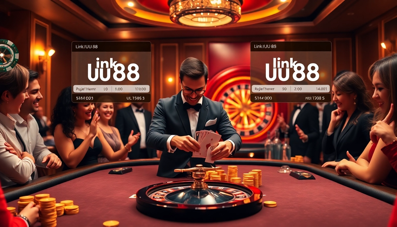 Exciting online casino game at link uu88 with stylish dealer and poker chips on the table.
