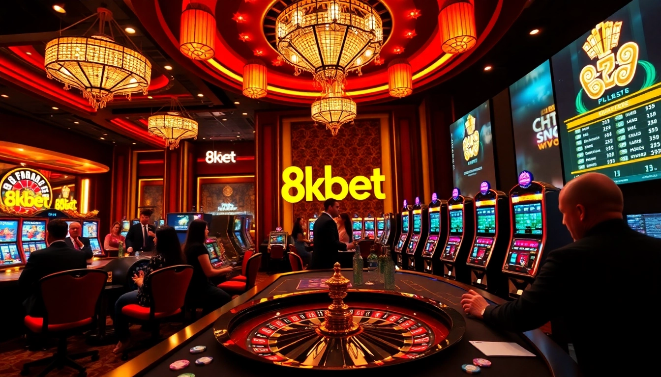 An engaging scene of players enjoying games at 8kbet, featuring a roulette wheel, festive atmosphere, and vibrant gaming visuals.