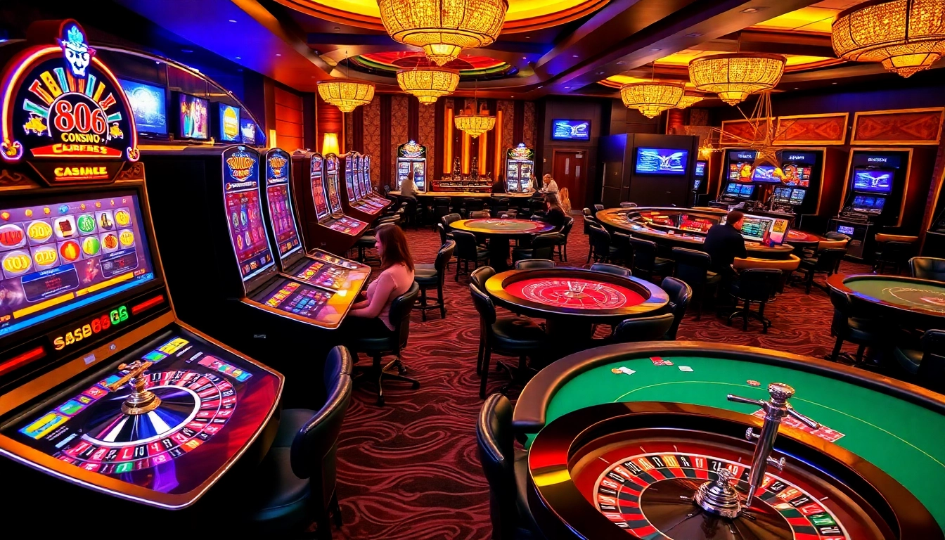 S666 đăng nhập action at a luxurious casino with vibrant slot machines and engaging poker tables.