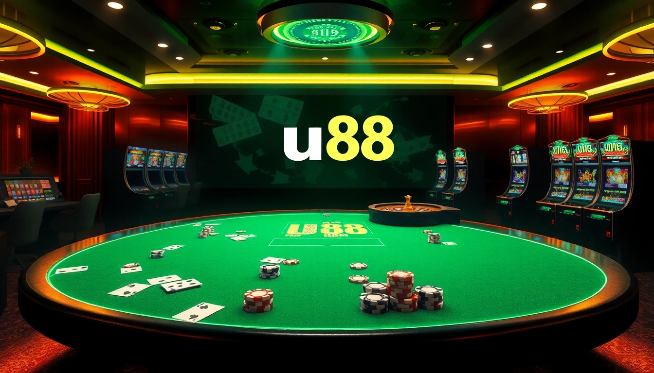 Experience the excitement at link uu88 with a vibrant online casino scene showcasing cards and roulette.