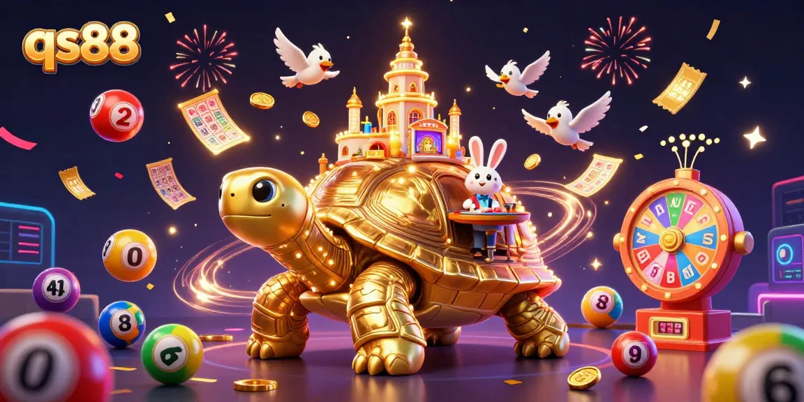 Engage with qs88 as a rabbit dealer oversees a vibrant casino scene with golden coins and lottery balls.