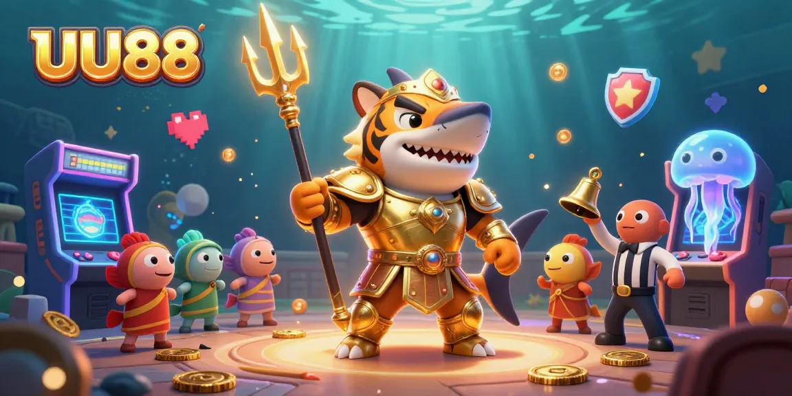 Experience thrilling gameplay at UU88 with an underwater colosseum featuring a tiger shark gladiator.