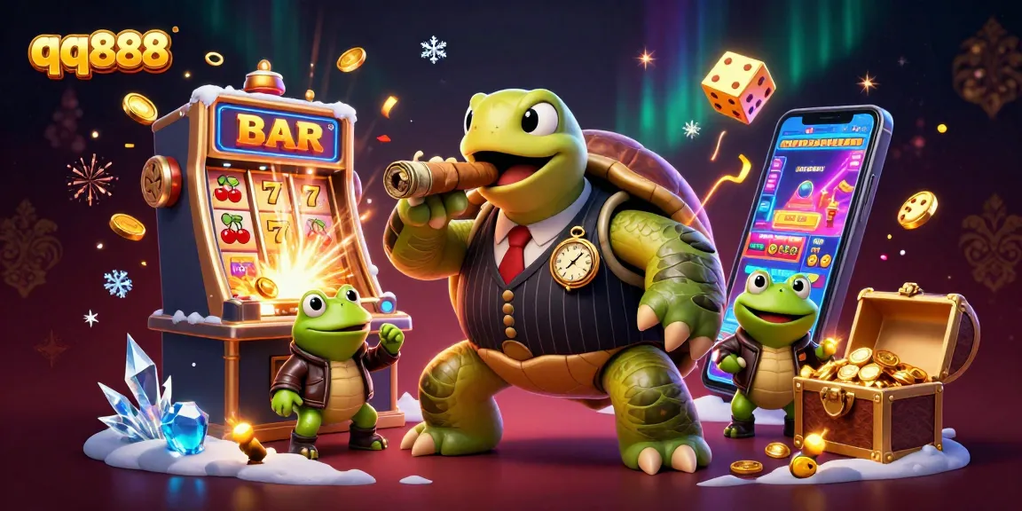 Experience thrilling casino action at qq888 with a vibrant turtle mobster and dynamic slot machine scene.