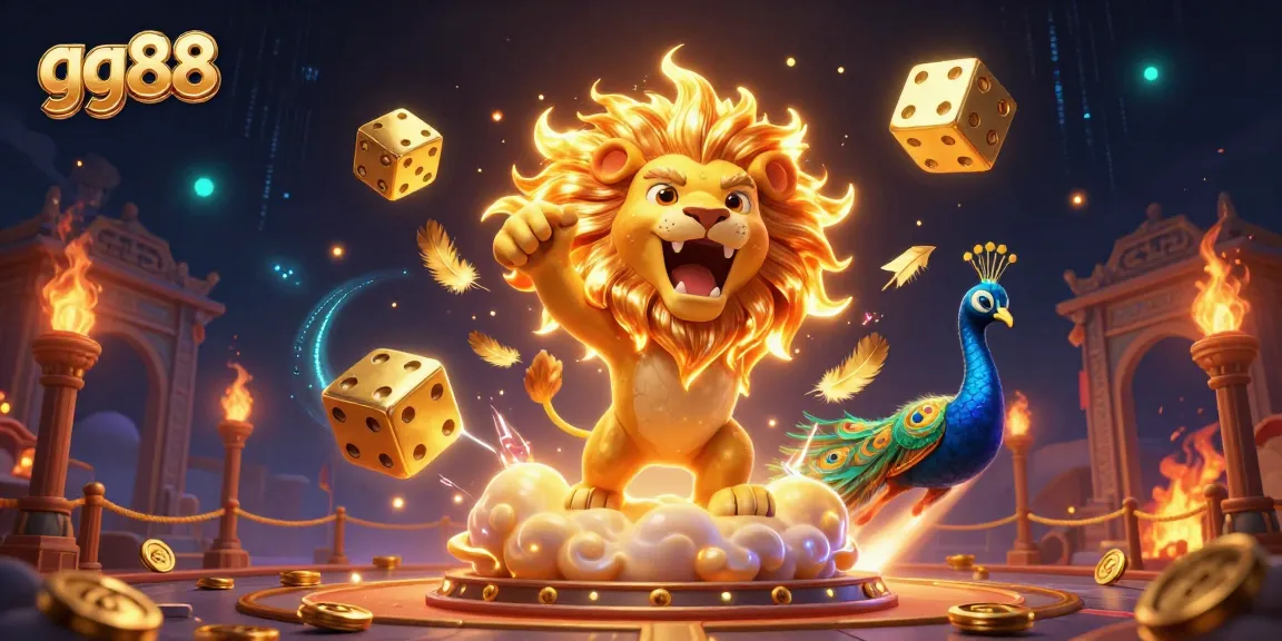 Engage with gg88's vibrant casino scene, featuring a roaring lion with golden dice and a stunning peacock.