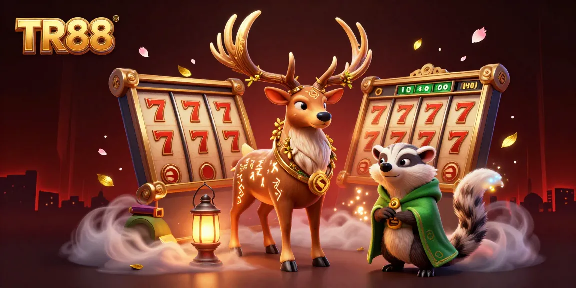 Experience the excitement of TR88 with a dynamic casino illustration featuring jackpot slots and animated spirits.
