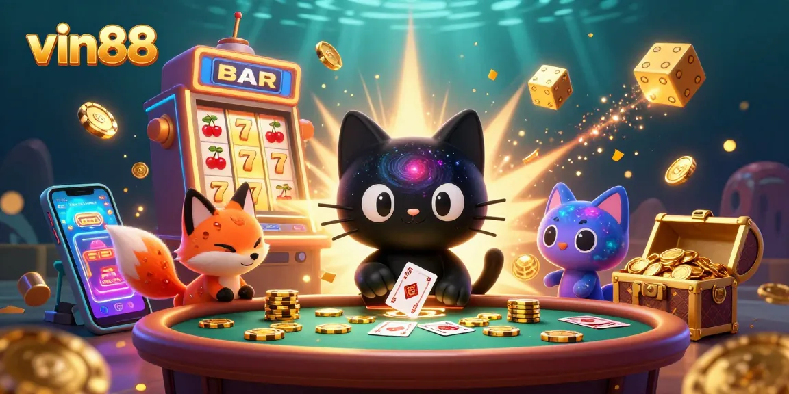 Spin the reels at vin88's vibrant cosmic casino table stacked with jackpots and colorful game elements.