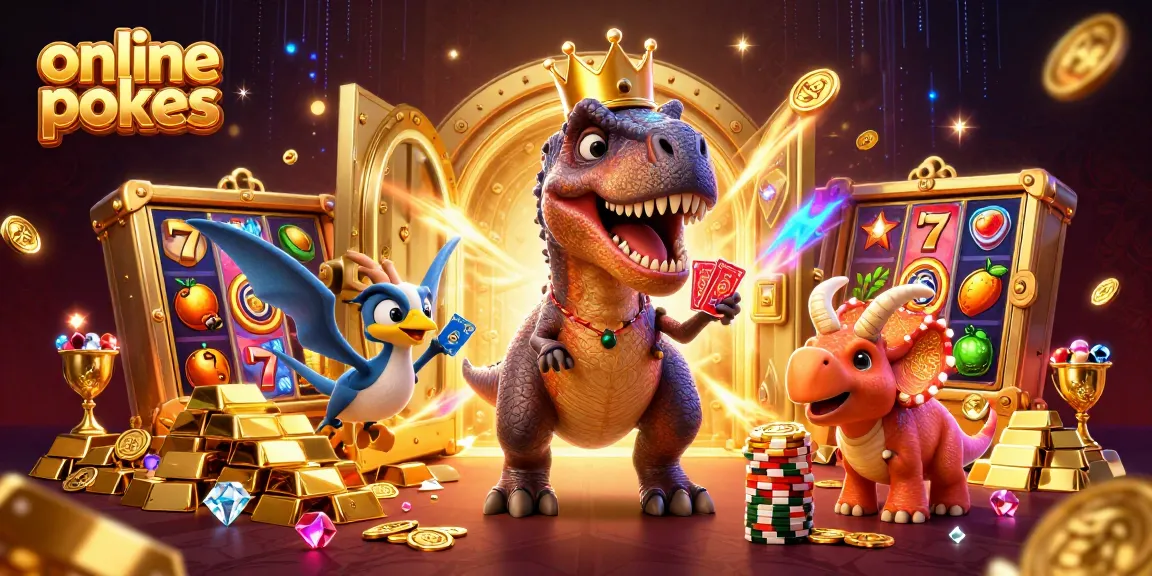 Engage with online pokies in this vibrant scene, featuring animated dinosaurs and gold treasures.