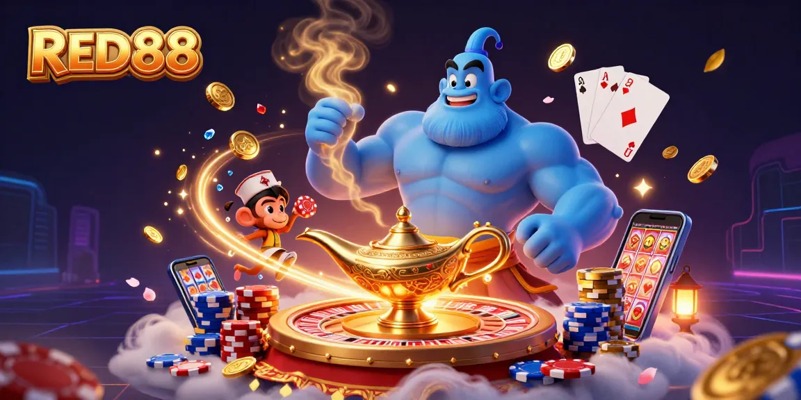 Experience the excitement of RED88 with a genie, monkey, and flying poker chips in a vibrant casino scene.