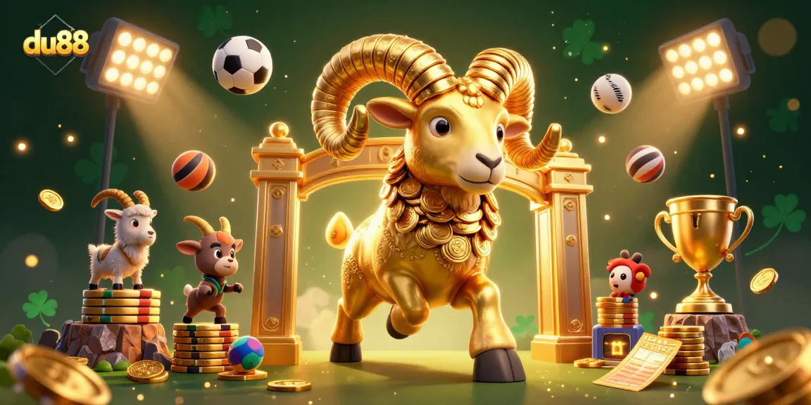 Experience exciting gameplay at du88 with a dynamic scene featuring a golden ram, sports elements, and vibrant gambling atmosphere.