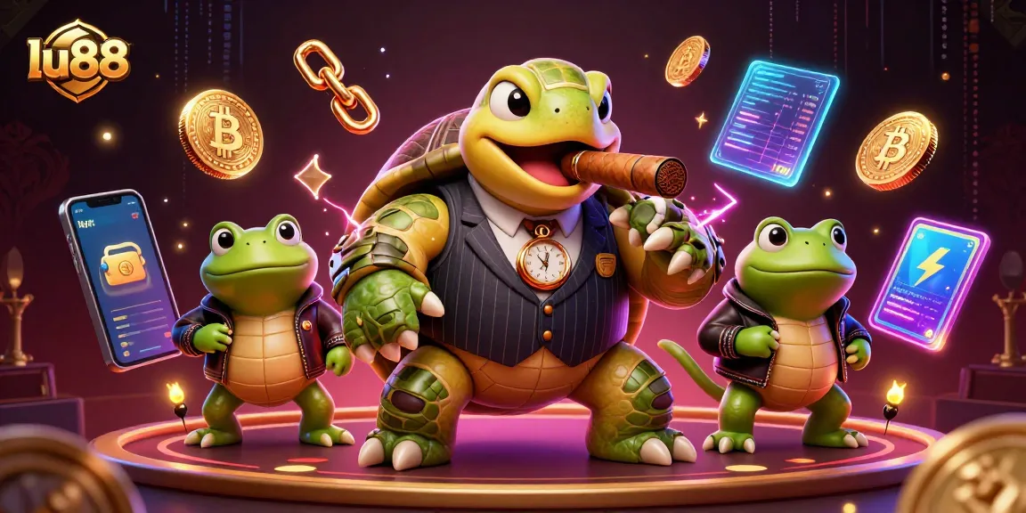 lu88 showcases a dynamic scene with a mobster turtle and bullfrog enforcers amidst 3D crypto elements