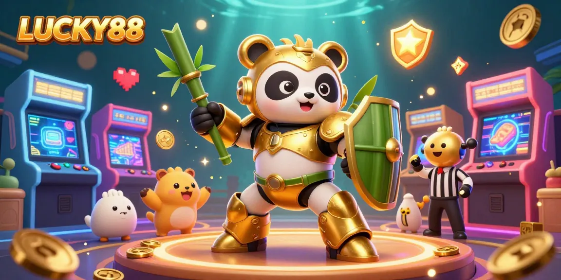 Experience thrilling gameplay with LUCKY88 in a vibrant 3D casino scene featuring unique characters and gaming elements.